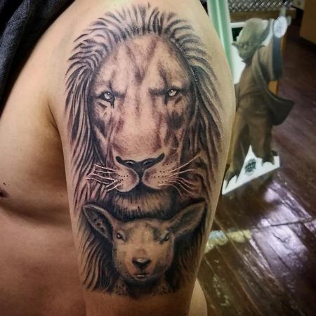Tattoos - black and grey lion and lamb - 132514