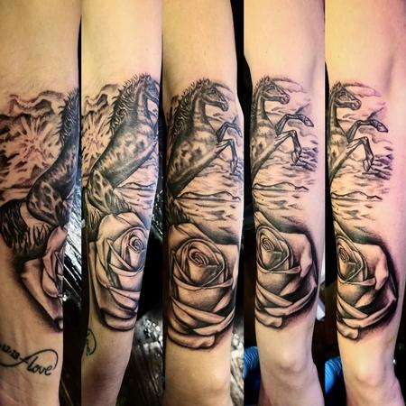 Tattoos - Black and grey stallion and rose - 132516