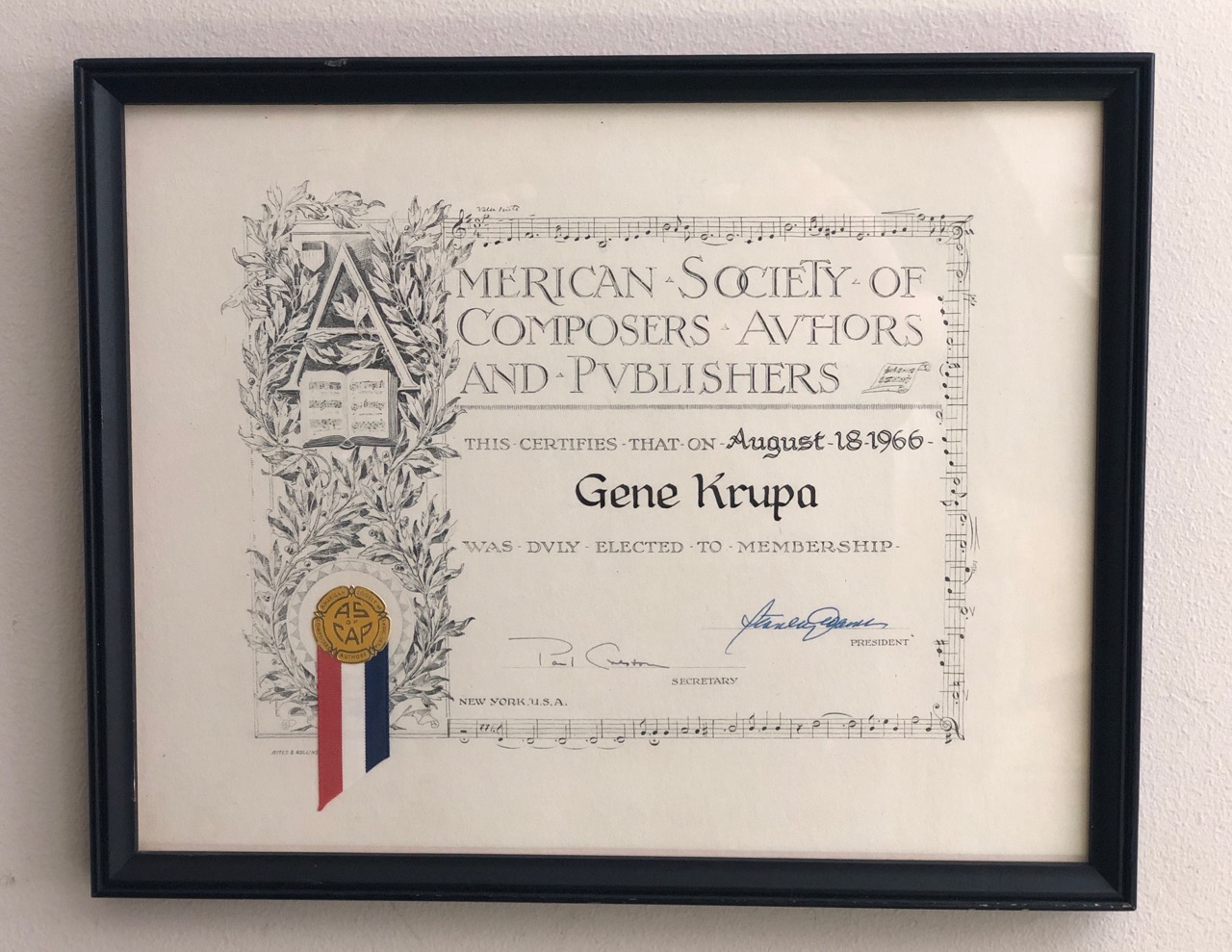 Gene Krupa ASCAP award