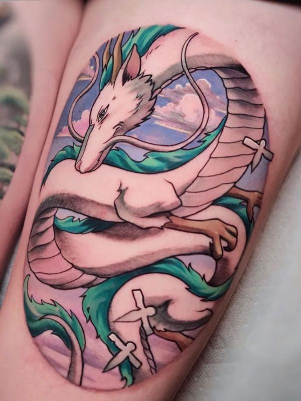 Haku tattoo on the thigh