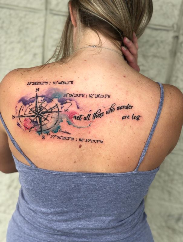 Watercolor Compass And Text Tattoo On Forearm