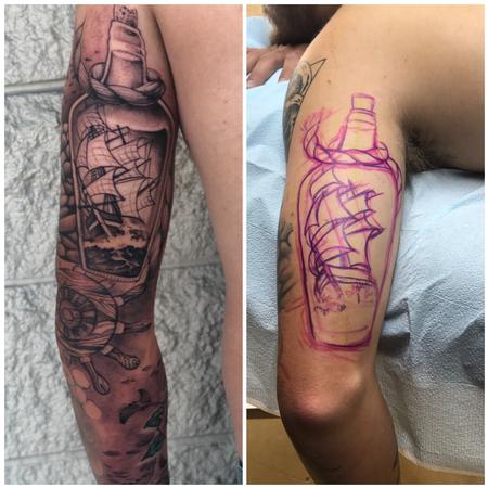 Tattoos - Freehand Pirate Ship In A Bottle - 139728