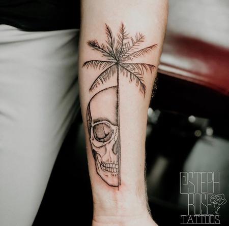 Tattoos - Fineline Skull and Palm Tree Tattoo - 141254