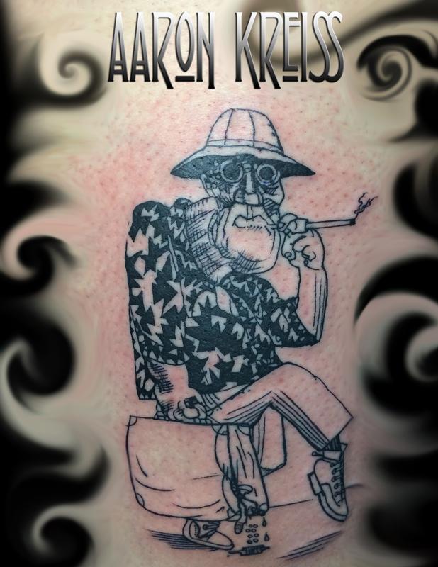 Hunter S. Thompson, Ralph Steadman, Fear & Loathin in Las Vegas blackwork tattoo by Aaron Kreiss: TattooNOW