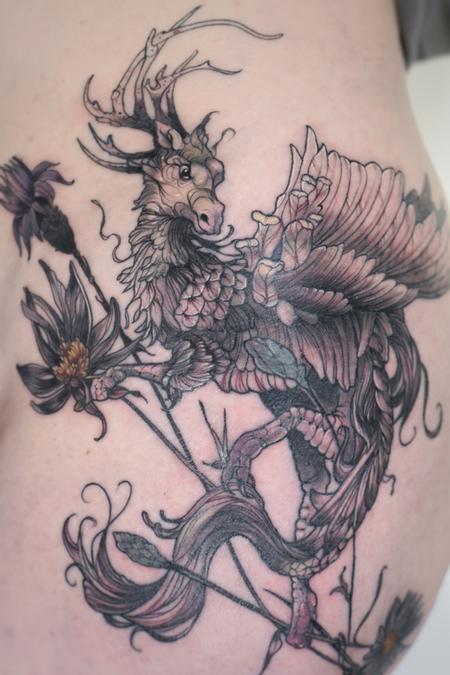 Aubrey Mennella - fantasy dragon butterfly cornflowers tattoo