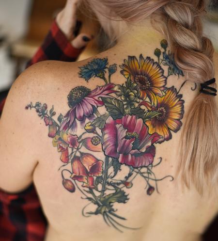Tattoos - echinacea foxgloves poppy botanical flower tattoo - 131963