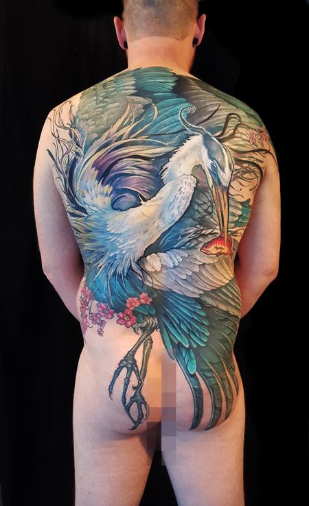 Aubrey Mennella - great blue heron back piece tattoo