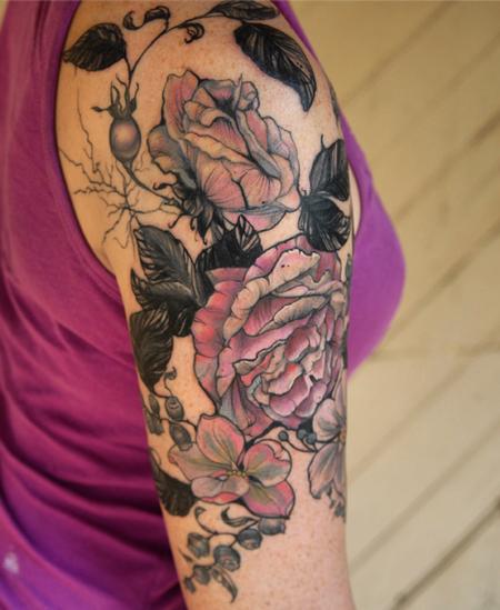 Aubrey Mennella - vintage botanical rose flower tattoo