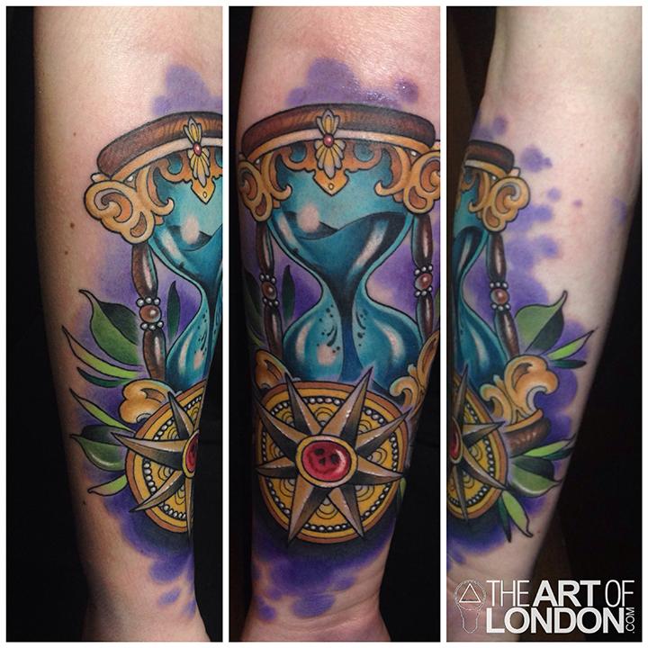 New Traditional Hour Glass and Compass Tattoo by London Reese: TattooNOW