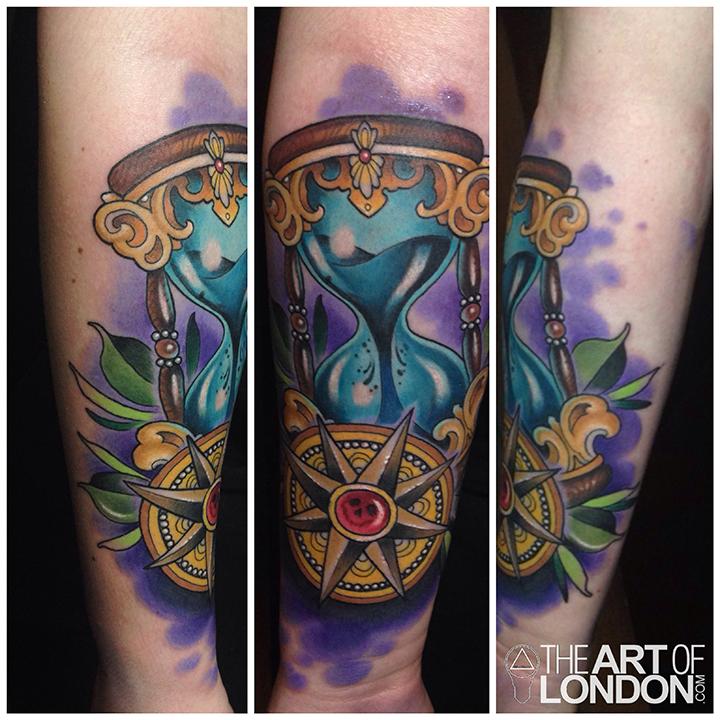 New Traditional Hour Glass and Compass Tattoo by London Reese: TattooNOW New Traditional Hour Glass and Compass Tattoo by London Reese: TattooNOW