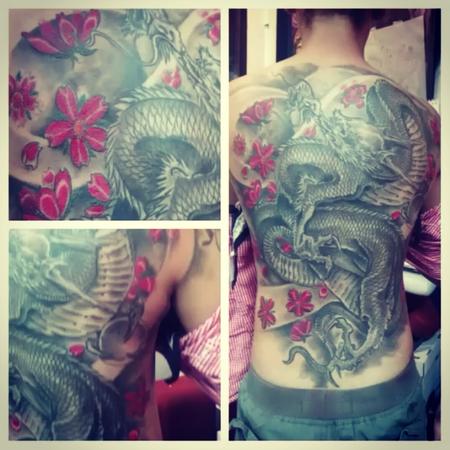 Mathew DeLaMort - Dragon back piece with red cherry blossoms