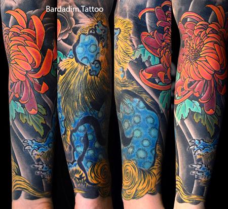 Tattoos - Shi Shi Lion and Chrysanthemum Flower - 132627