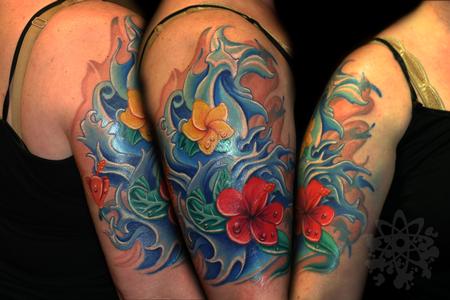 Tattoos - water and hibiscus and plumeria flowers - 63928
