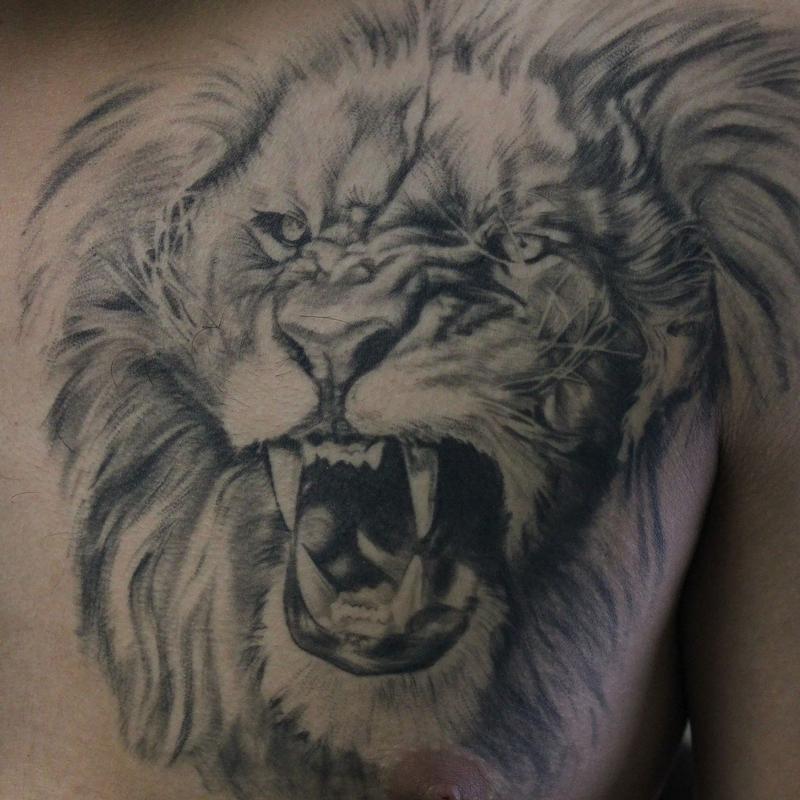 Healed Black and Gray Lion Chest Piece by Capone TattooNOW