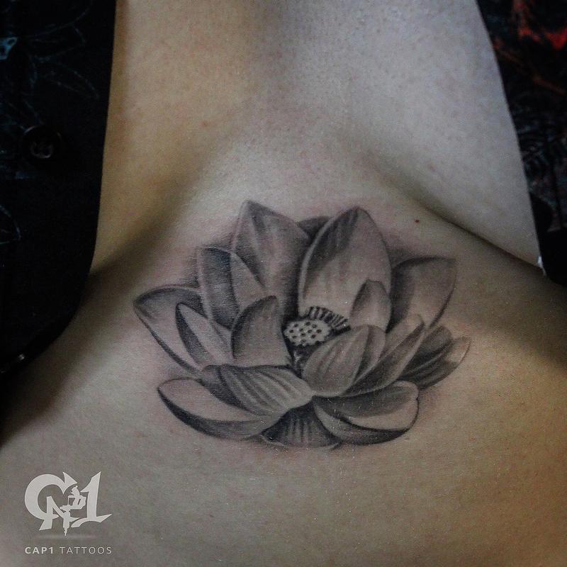 Lotus Flower Sternum Tattoo by Capone TattooNOW