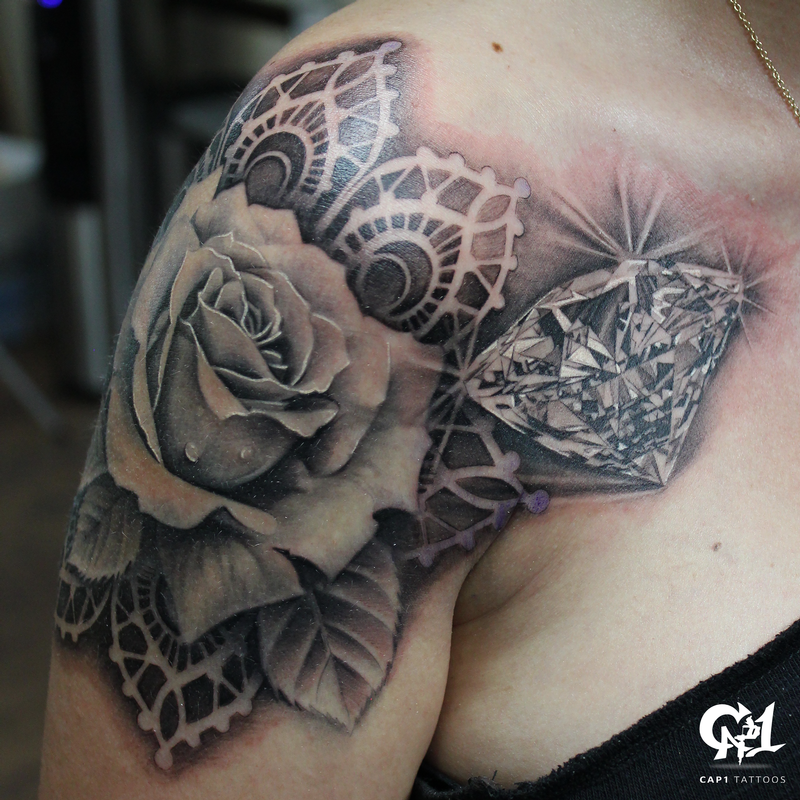 Realistic Rose And Diamond Tattoo By Capone Tattoonow