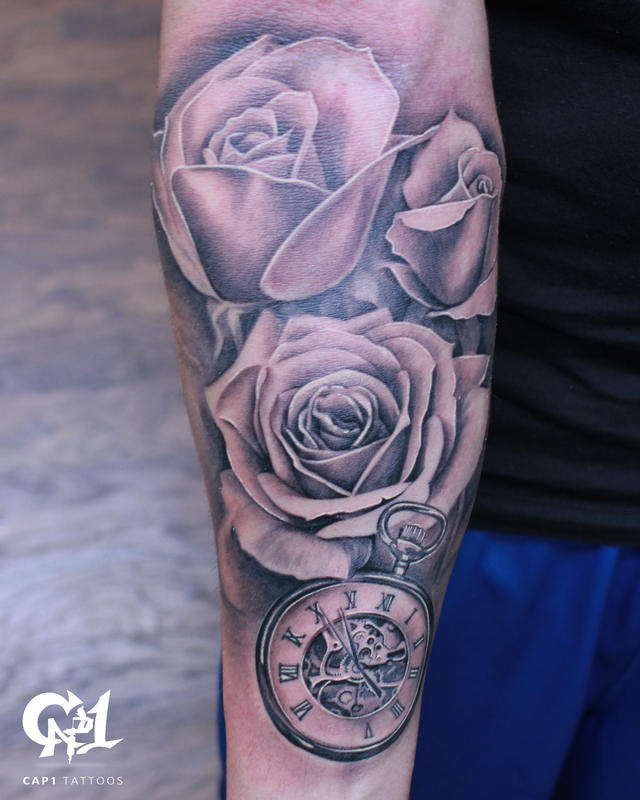 Rose and Pocket Watch Half Sleeve Tattoo by Capone TattooNOW