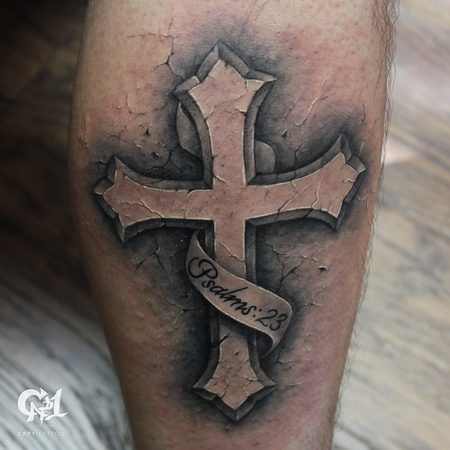 Tattoos - Psalms 23 Stone Cross Tattoo - 127288