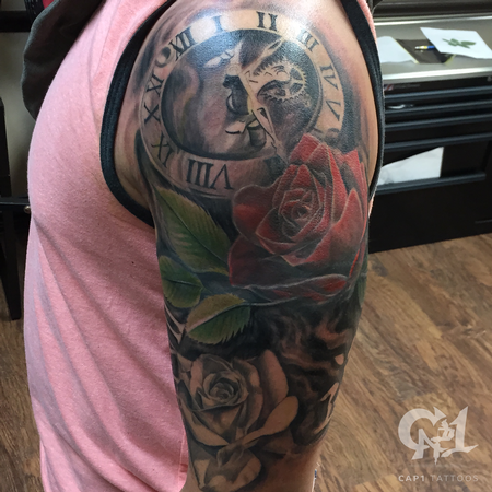 Tattoos - Mechanical Clock and Roses Sleeve  - 122907