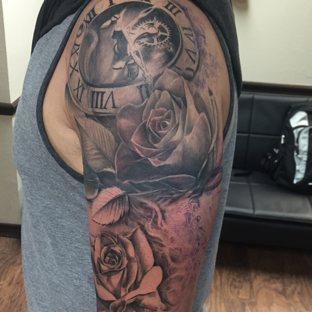 Tattoos - Mechanical Clock and Roses Sleeve Progress - 119948