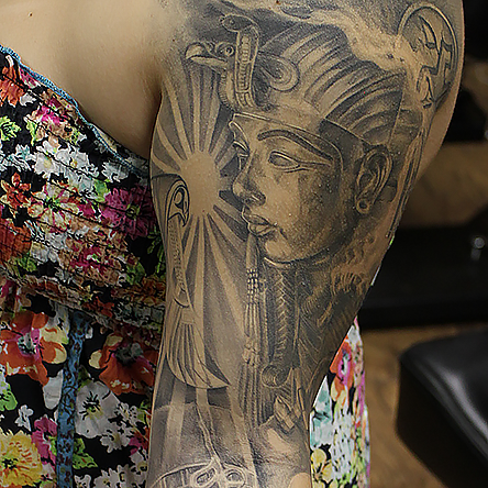 Tattoos - Black and Gray Egyptian Pharaoh/Nefertiti Egyptian Queen Sleeve - 119226