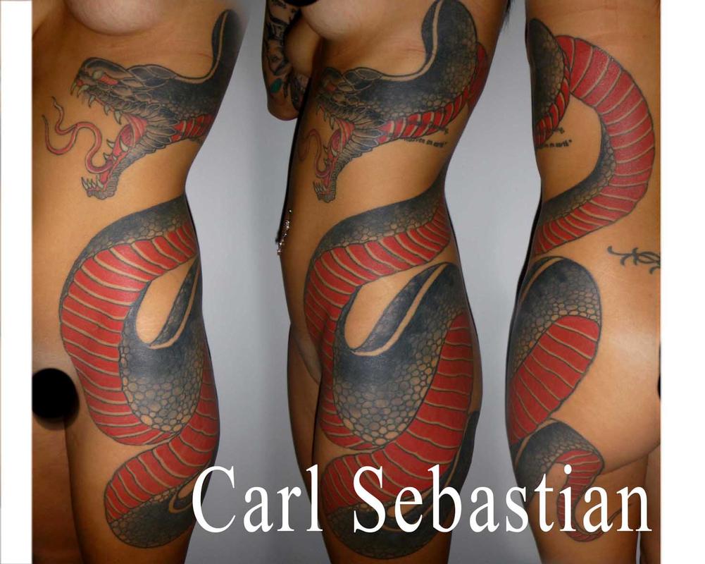 Black Ink Cobra Snake Tattoo On Girl Left Side Rib