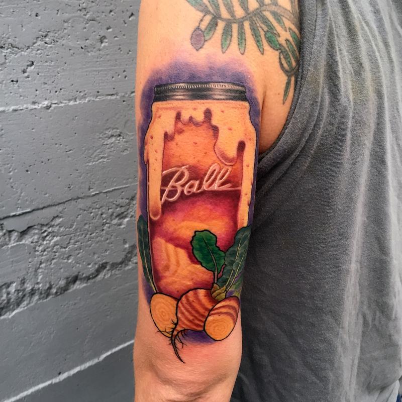Mason jar of Kvass and Golden Beets by Eddie Zavala TattooNOW
