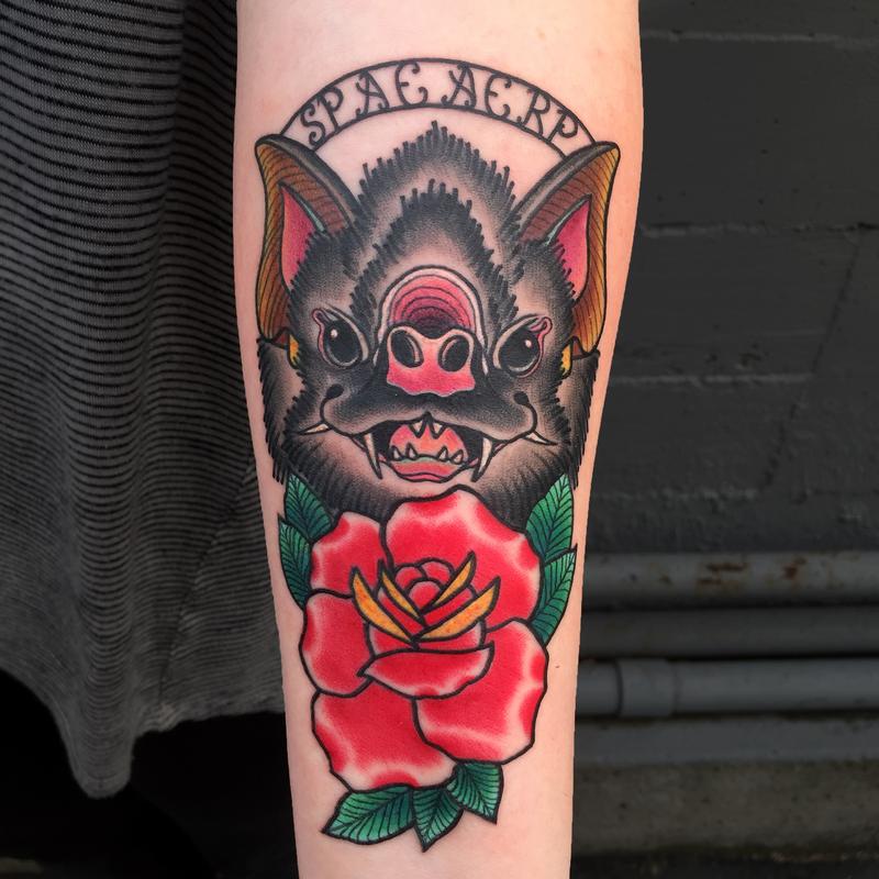 Bat and Rose with siblings initials by Eddie Zavala: TattooNOW