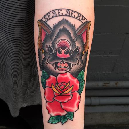 Tattoos - Bat and Rose with siblings initials - 127586