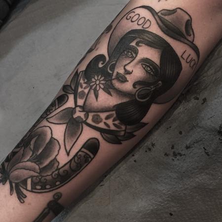 Tattoos - Black and Grey Cowgirl with Horseshoe and Poppy - 127591