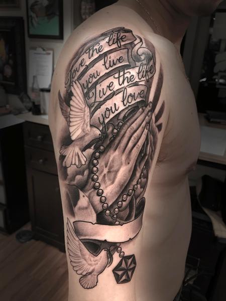 Tattoos - BLACK AND GREY PRAYING HANDS AND DOVES - 132335