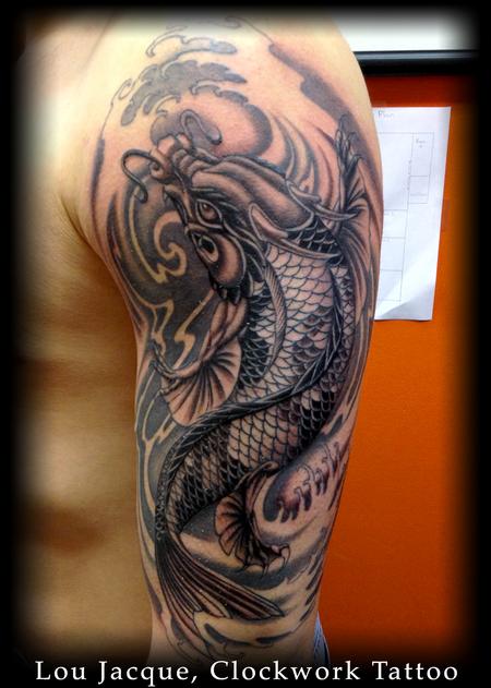 Tattoos - Black and grey Koi Dragon - 83975