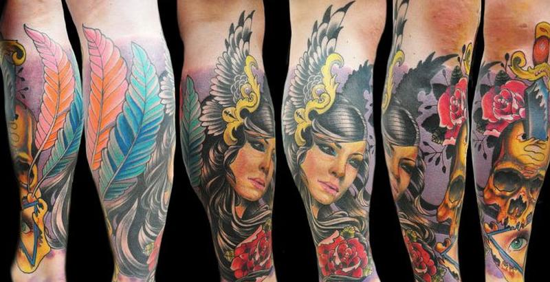 Color leg sleeve tattoo by Damian Mills: TattooNOW