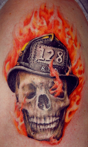 Firefighter Skull Tattoo On Left Shoulder