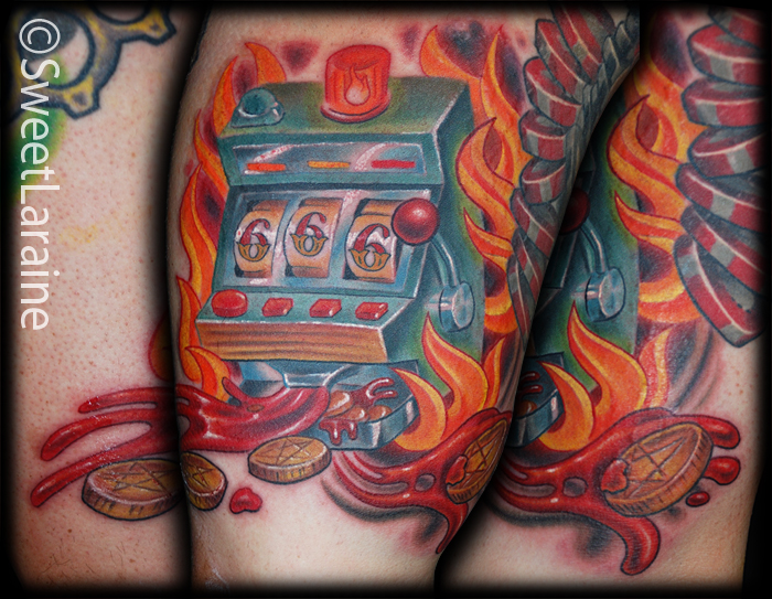 Slot Machine Tattoo from Emma Holmes Electric Mayhem Tattoo in St Louis  MOrolled castle tiger palmtree  rtattoos