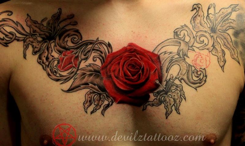 Rose tattoo chestpiece by Lokesh : TattooNOW