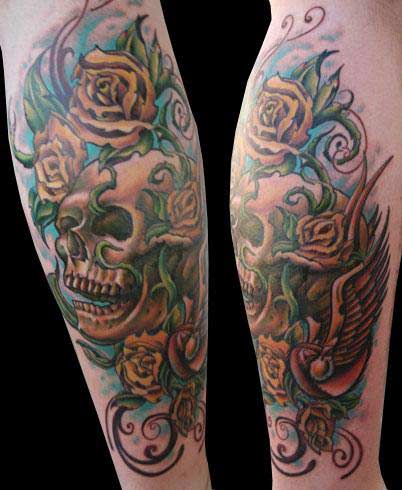 Tattoos - Realistic Skull and Roses Tattoo - 25449