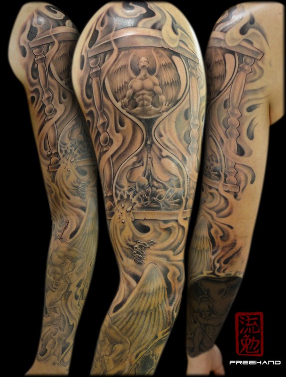 Angels and Demons Hourglass - Freehand Sleeve by Eddie Loven: TattooNOW