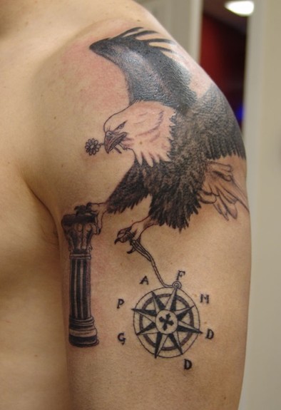Flying Eagle And Nautical Compass Tattoo On Shoulder by Fletch