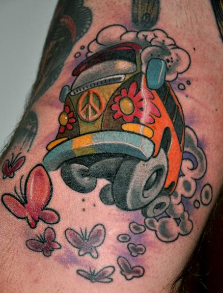 Watercolor Hippie Bus Tattoo On Man Left Back Shoulder By Julia Dumps