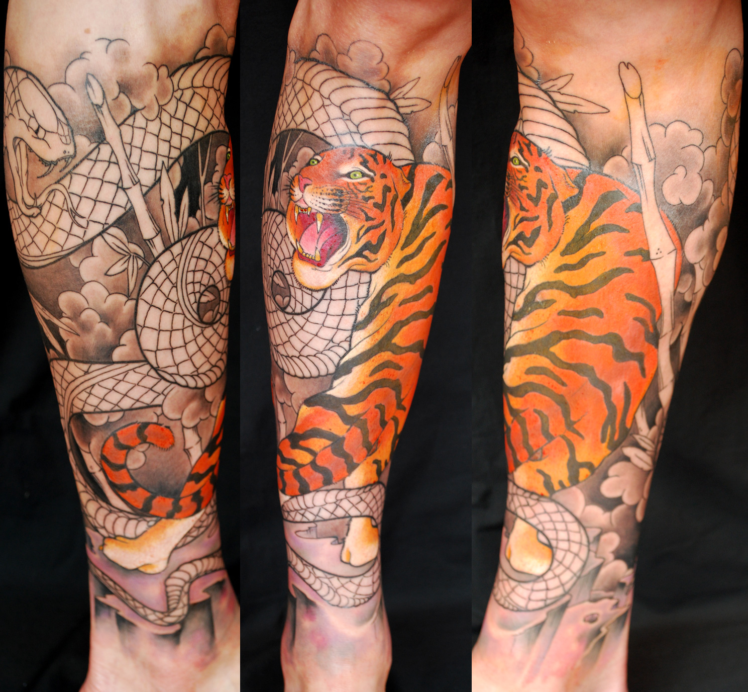 calf sleeve tiger and snake in progress by Fabrizio Divari: TattooNOW