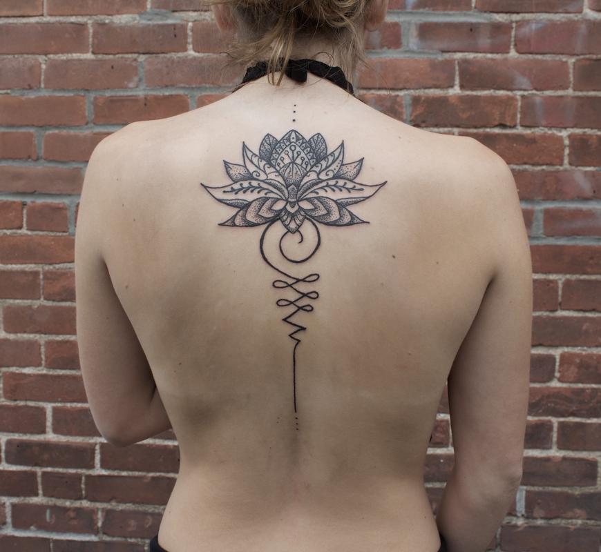 Black lotus and unalome tattoo on back by Ben Licata: TattooNOW