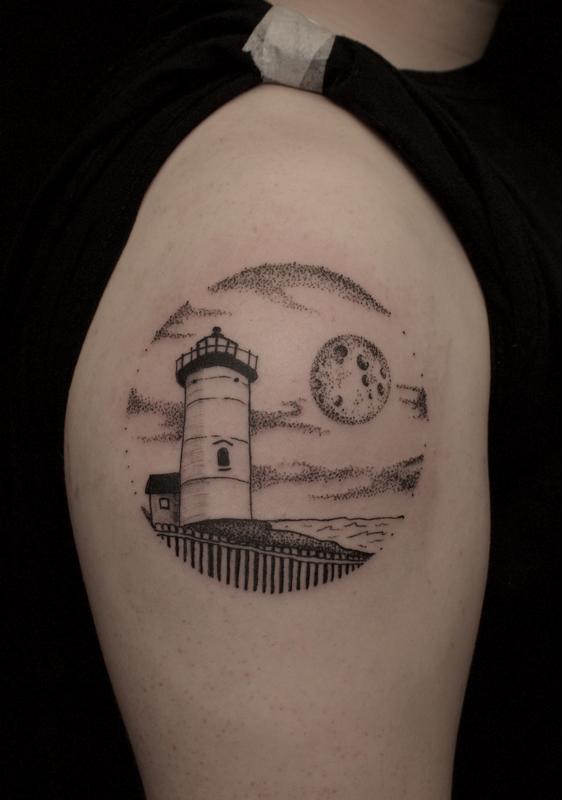 Black stippled lighthouse and moon tattoo on shoulder by Ben Licata: TattooNOW Black stippled lighthouse and moon tattoo on shoulder by Ben Licata: TattooNOW