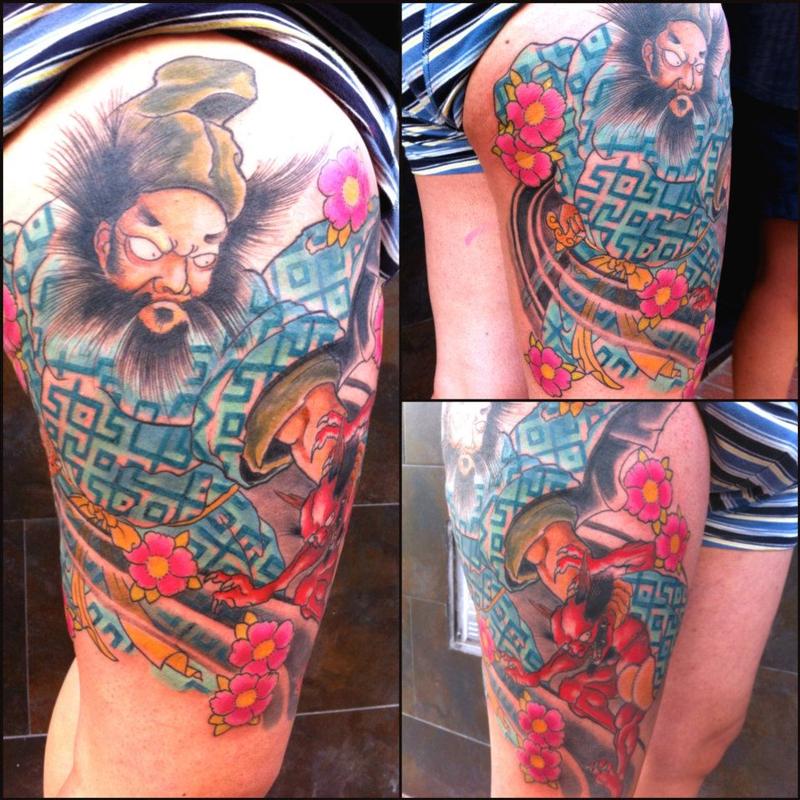 Shoki Japanese lithography leg tattoo in color by Jose Gonzalez: TattooNOW