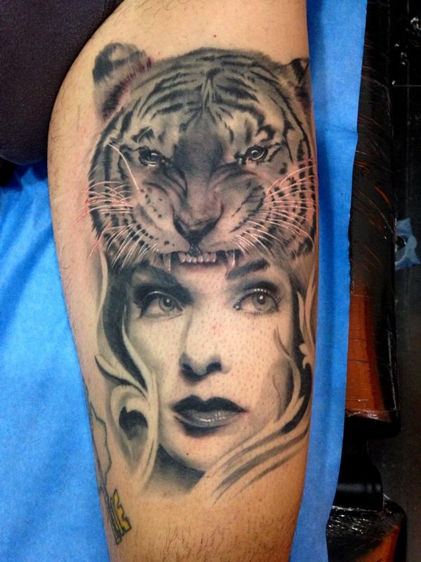 Tiger and Girl realistic black and grey leg tattoo HEALED by Jose Gonzalez:  TattooNOW