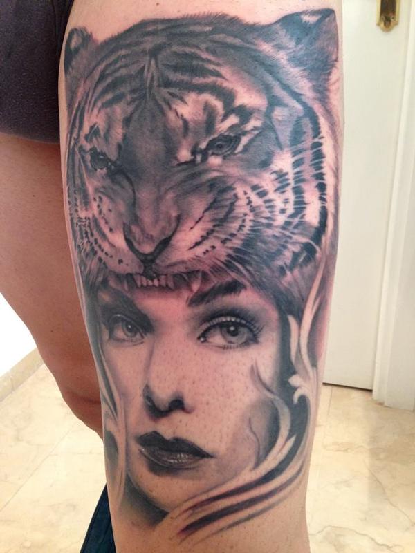 Tiger and Girl realistic black and grey leg tattoo by Jose Gonzalez:  TattooNOW
