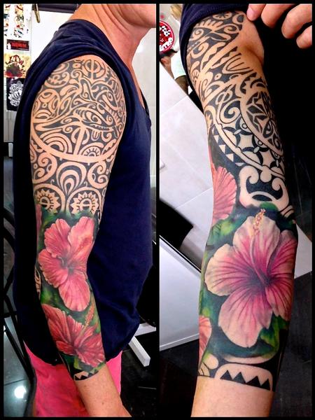 Tattoos - Realistic hibiscus flowers, Hawaiian inspired sleeve.  - 89148