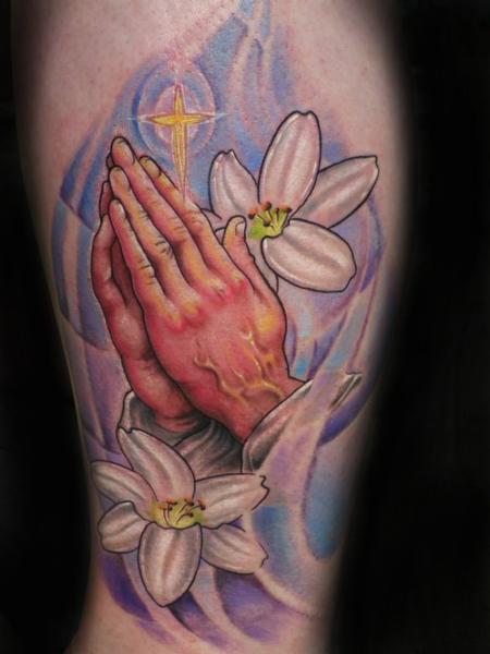Tattoos - Praying hands with Easter lilies - 93849