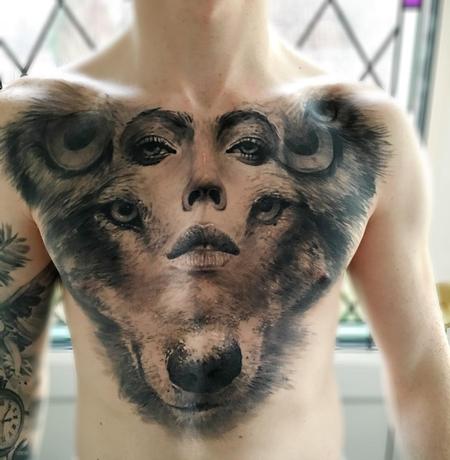Tattoos - Owl, Woman, Wolf Composite Chest Tattoo - 115844