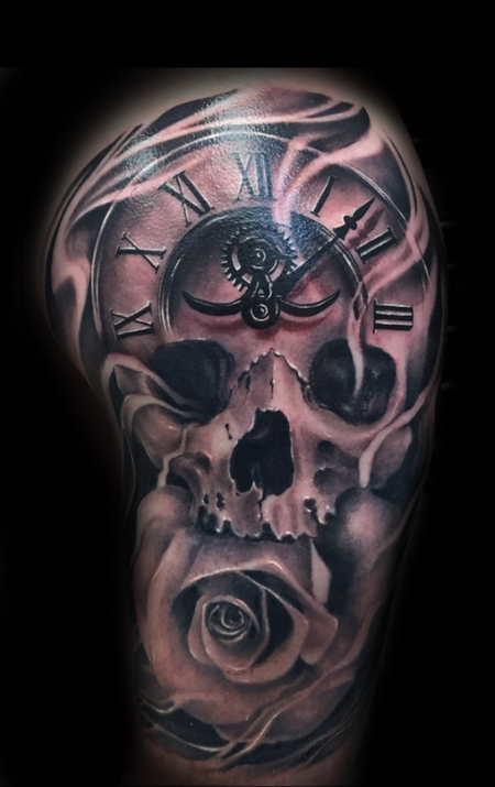Skull with rose and clock by Boston Rogoz TattooNOW